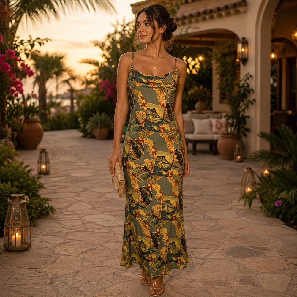 CITRON Santa Monica Hawaiian Postcard Tropical Rayon Maxi Dress Resort Cruise S